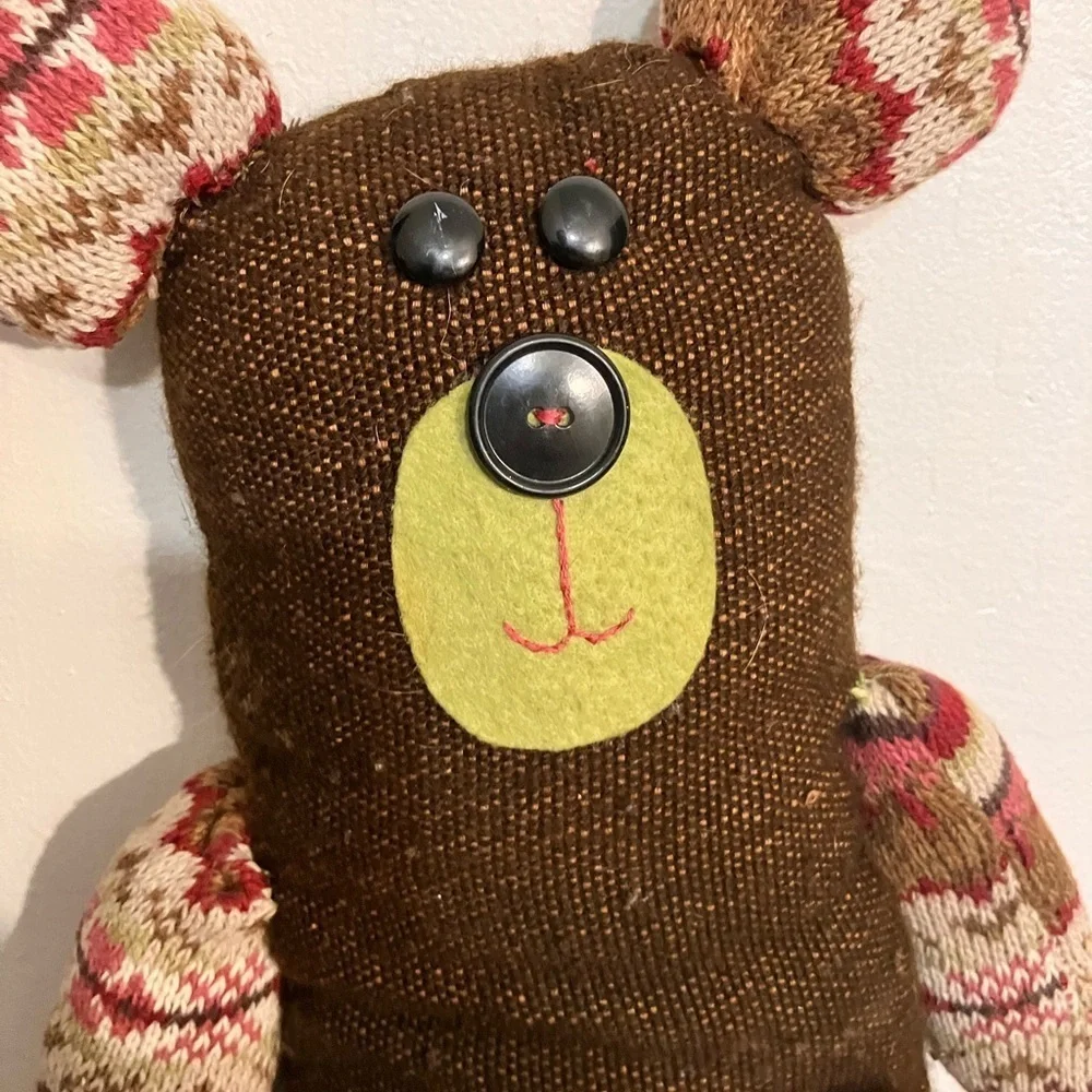 Handmade up cycled sweater bear pillow friend with heart in the pocket